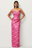 Fuchsia Floral Strapless Sheath Print Satin Long Jacquard Dress
