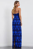 Royal Blue Strapless Sheath Floral Satin Long Jacquard Dress