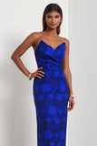 Royal Blue Strapless Sheath Floral Satin Long Jacquard Dress
