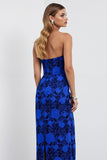 Royal Blue Strapless Sheath Floral Satin Long Jacquard Dress