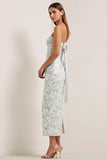 Strapless Sheath Print Long Blue White Floral Satin Dress with Bow