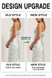 Strapless Sheath Print Long Blue White Floral Satin Dress with Bow
