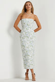 Strapless Sheath Print Long Blue White Floral Satin Dress with Bow
