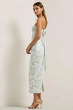 Strapless Sheath Print Long Blue White Floral Satin Dress with Bow