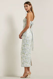 Strapless Sheath Print Long Blue White Floral Satin Dress with Bow