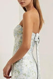 Strapless Sheath Print Long Blue White Floral Satin Dress with Bow