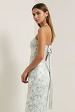 Strapless Sheath Print Long Blue White Floral Satin Dress with Bow