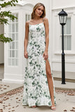 Green Sheath Spaghetti Straps Print Floral Long Bridesmaid Dress with Slit