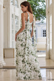 Green Sheath Spaghetti Straps Print Floral Long Bridesmaid Dress with Slit