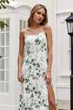 Green Sheath Spaghetti Straps Print Floral Long Bridesmaid Dress with Slit