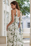 Green Sheath Spaghetti Straps Print Floral Long Bridesmaid Dress with Slit