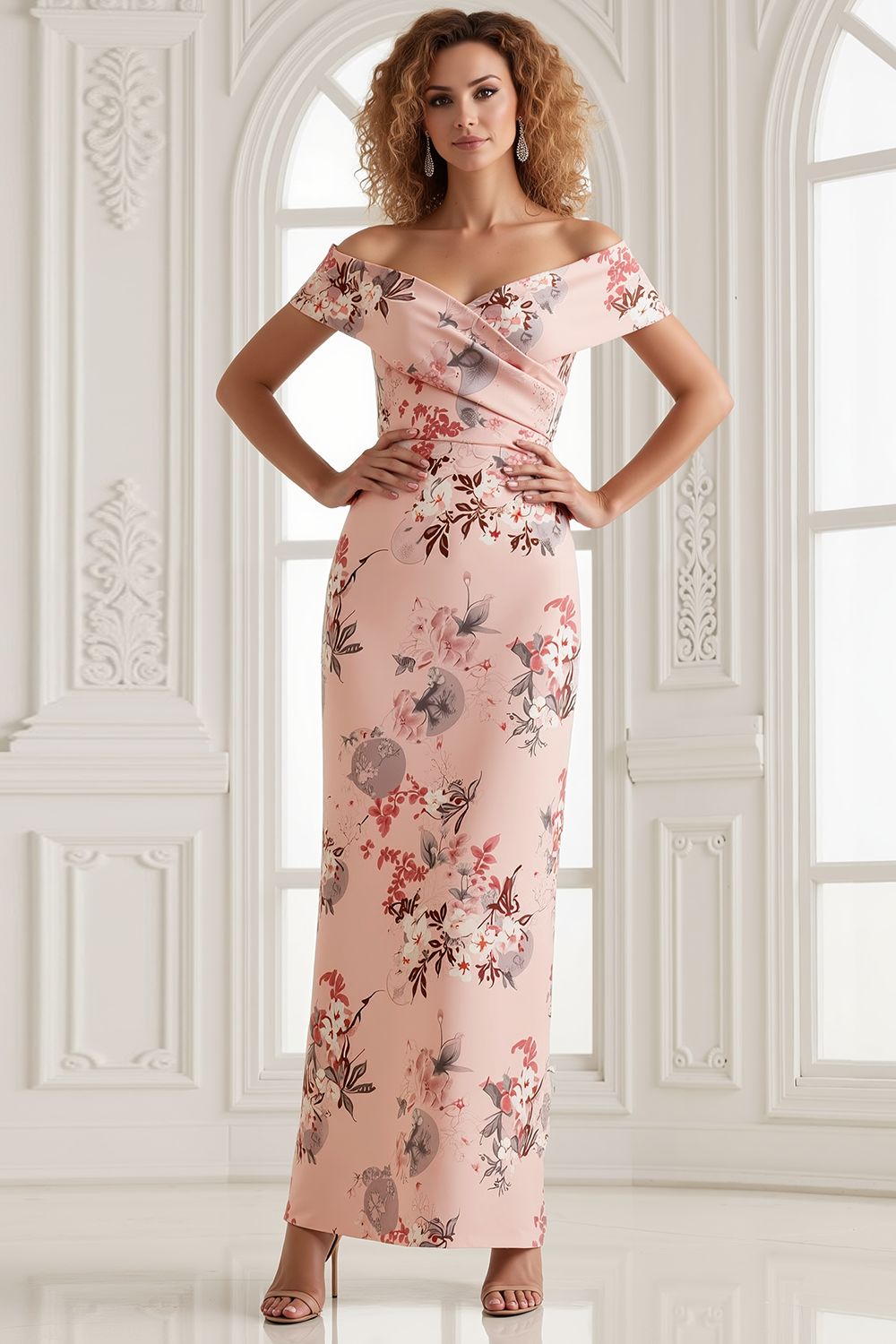 WEDTREND Women Blush Floral Maxi Dress Sheath Off The Shoulder Print Satin Wedding Guest Dress with Back Slit WEDTREND Women Blush Floral Maxi Dress Sheath Off The Shoulder Print Satin Wedding Guest Dress with Back Slit
