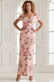 Off The Shoulder Sheath Blush Floral Print Long Satin Bridesmaid Dress with Back Slit