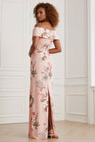 Off The Shoulder Sheath Blush Floral Print Long Satin Bridesmaid Dress with Back Slit