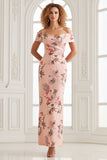 Off The Shoulder Sheath Blush Floral Print Long Satin Bridesmaid Dress with Back Slit
