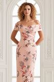 Off The Shoulder Sheath Blush Floral Print Long Satin Bridesmaid Dress with Back Slit
