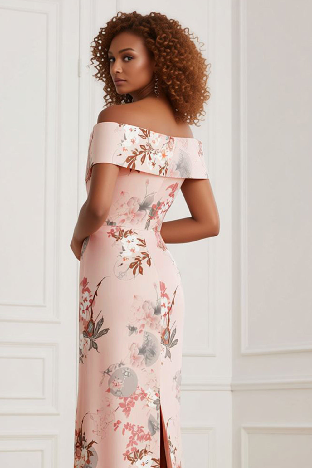 WEDTREND Women Blush Floral Maxi Dress Sheath Off The Shoulder Print Satin Wedding Guest Dress with Back Slit WEDTREND Women Blush Floral Maxi Dress Sheath Off The Shoulder Print Satin Wedding Guest Dress with Back Slit