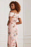 Off The Shoulder Sheath Blush Floral Print Long Satin Bridesmaid Dress with Back Slit