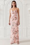 Blush Flower Sheath Strapless Print Satin Long Bridesmaid Dress with Back Slit