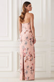 Blush Flower Sheath Strapless Print Satin Long Bridesmaid Dress with Back Slit
