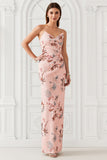 Blush Flower Sheath Strapless Print Satin Long Bridesmaid Dress with Back Slit