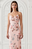 Blush Flower Sheath Strapless Print Satin Long Bridesmaid Dress with Back Slit