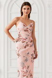 Blush Flower Sheath Strapless Print Satin Long Bridesmaid Dress with Back Slit