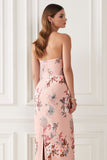 Blush Flower Sheath Strapless Print Satin Long Bridesmaid Dress with Back Slit