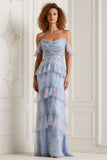 Light Blue Off The Shoulder Sheath Print Floral Long Bridesmaid Dress with Ruffles