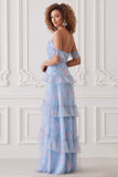 Light Blue Off The Shoulder Sheath Print Floral Long Bridesmaid Dress with Ruffles