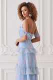 Light Blue Off The Shoulder Sheath Print Floral Long Bridesmaid Dress with Ruffles