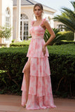 Pink Flower A-Line Spaghetti Straps Ruffled Beaded Long Bridesmaid Dress with Slit