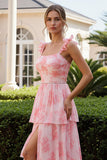 Pink Flower A-Line Spaghetti Straps Ruffled Beaded Long Bridesmaid Dress with Slit