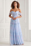 Light Blue A-Line Off The Shoulder Print Pleated Chiffon Long Bridesmaid Dress