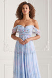 Light Blue A-Line Off The Shoulder Print Pleated Chiffon Long Bridesmaid Dress