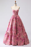 Fuchsia Floral Strapless Jacquard Ball Gown Prom Dress