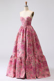 Fuchsia Floral Strapless Jacquard Ball Gown Prom Dress