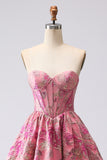 Fuchsia Floral Strapless Jacquard Ball Gown Prom Dress