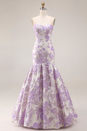 Strapless Lilac Mermaid Jacquard Floral Long Prom Dress