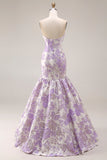 Strapless Lilac Mermaid Jacquard Floral Long Prom Dress