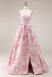 Ivory Pink Floral A Line Strapless Corset Long Prom Dress