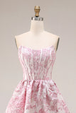 Ivory Pink Floral A Line Strapless Corset Long Prom Dress