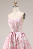 Ivory Pink Floral A Line Strapless Corset Long Prom Dress