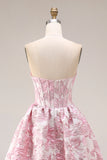 Ivory Pink Floral A Line Strapless Corset Long Prom Dress