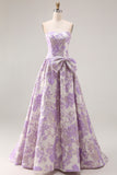 Strapless A Line Lilac Jacquard Brocade Long Prom Dress with Bow