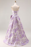 Strapless A Line Lilac Jacquard Brocade Long Prom Dress with Bow