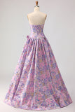 Lilac A Line Jacquard Strapless Long Prom Dress with Bow