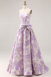 Strapless A Line Lilac Jacquard Brocade Long Prom Dress with Bow