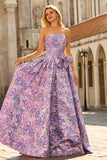Lilac A Line Jacquard Strapless Long Prom Dress with Bow