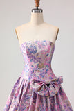 Lilac A Line Strapless Jacquard Long Prom Dress with Bow